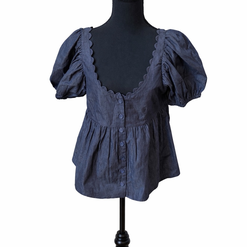 Kika Vargas Midnight Blue Puff Sleeve Babydoll Blouse Scalloped Trim Romantic To